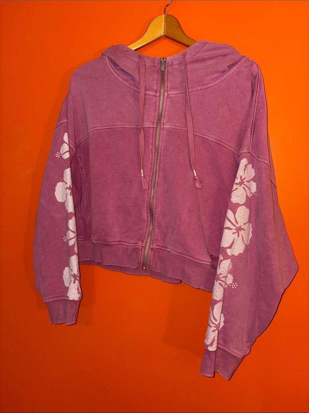 Roxy Pink Hibiscus Zip-Up Hoodie with White Floral Sleeves 100 Percent Cotton